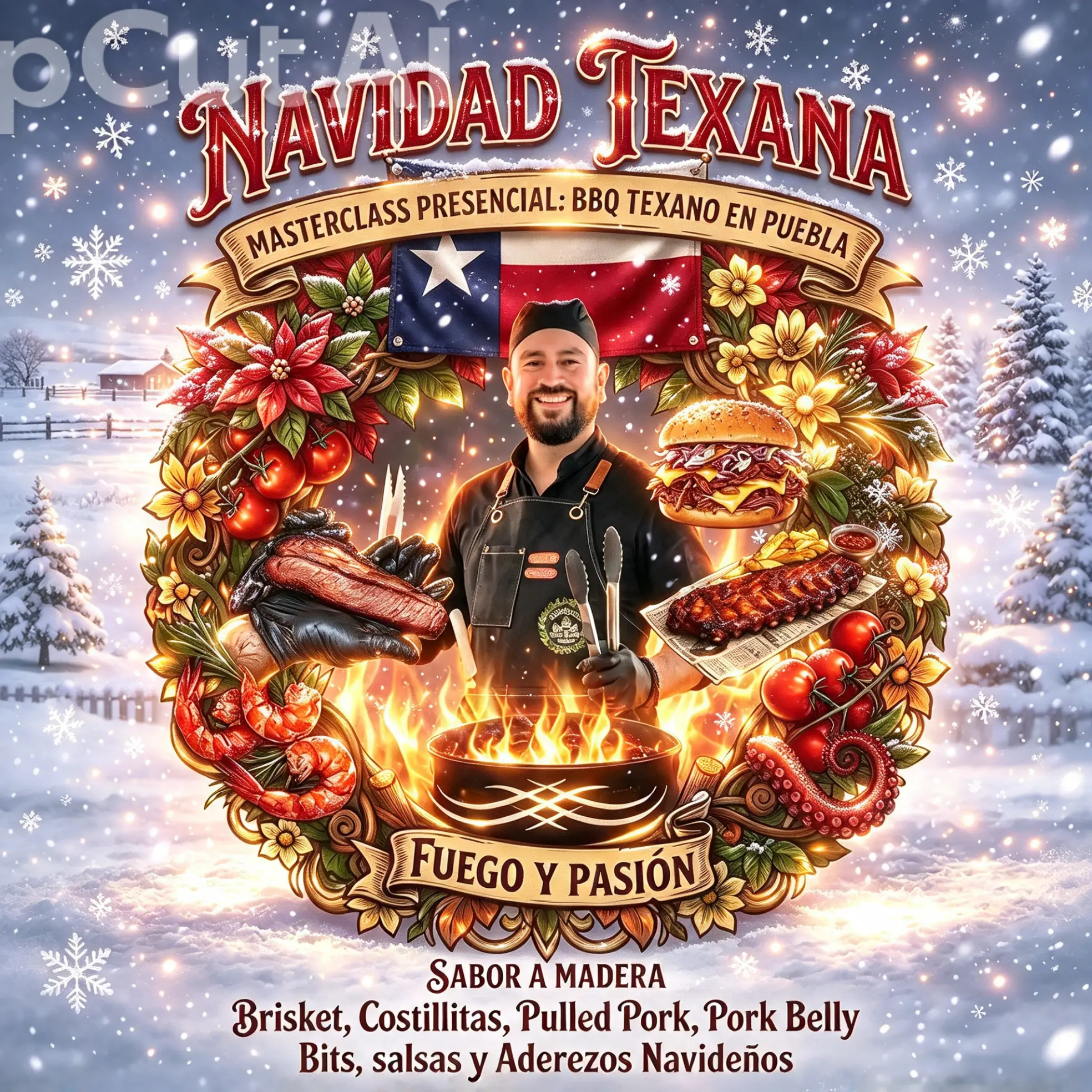 Cartel del curso Navidad Texana: masterclass presencial de BBQ texano en Puebla, con el chef de RoofGarden rodeado de brisket, costillas y pulled pork